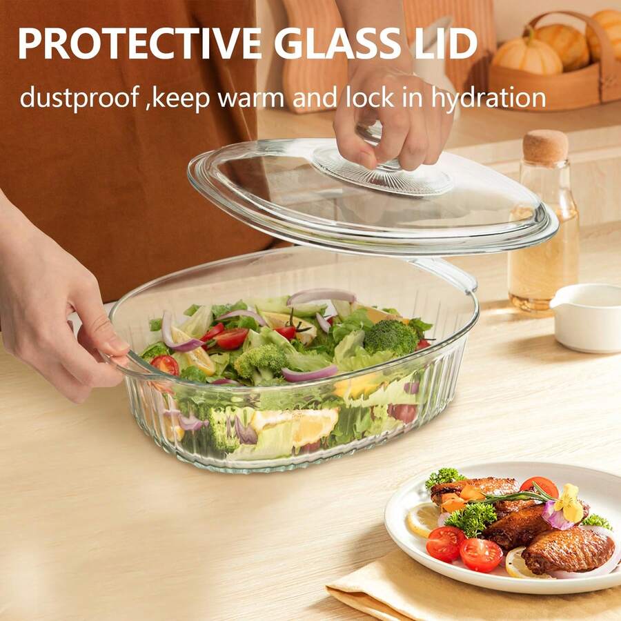 LOVEWE 1Pc 1.9QT Oval Glass Cooking Dish With Lid, Clear Casserole Bakeware, Large Capacity, For Oven/Microwave, Baking/Cooking/Serving