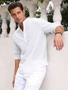 Men's Cotton Linen Long-Sleeved Shirt - 白色1 - 查看 3