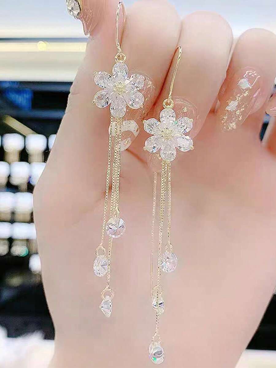 1 par de pendientes con flor morada, nuevos pendientes elegantes de borla larga - Dorado - Ver 1