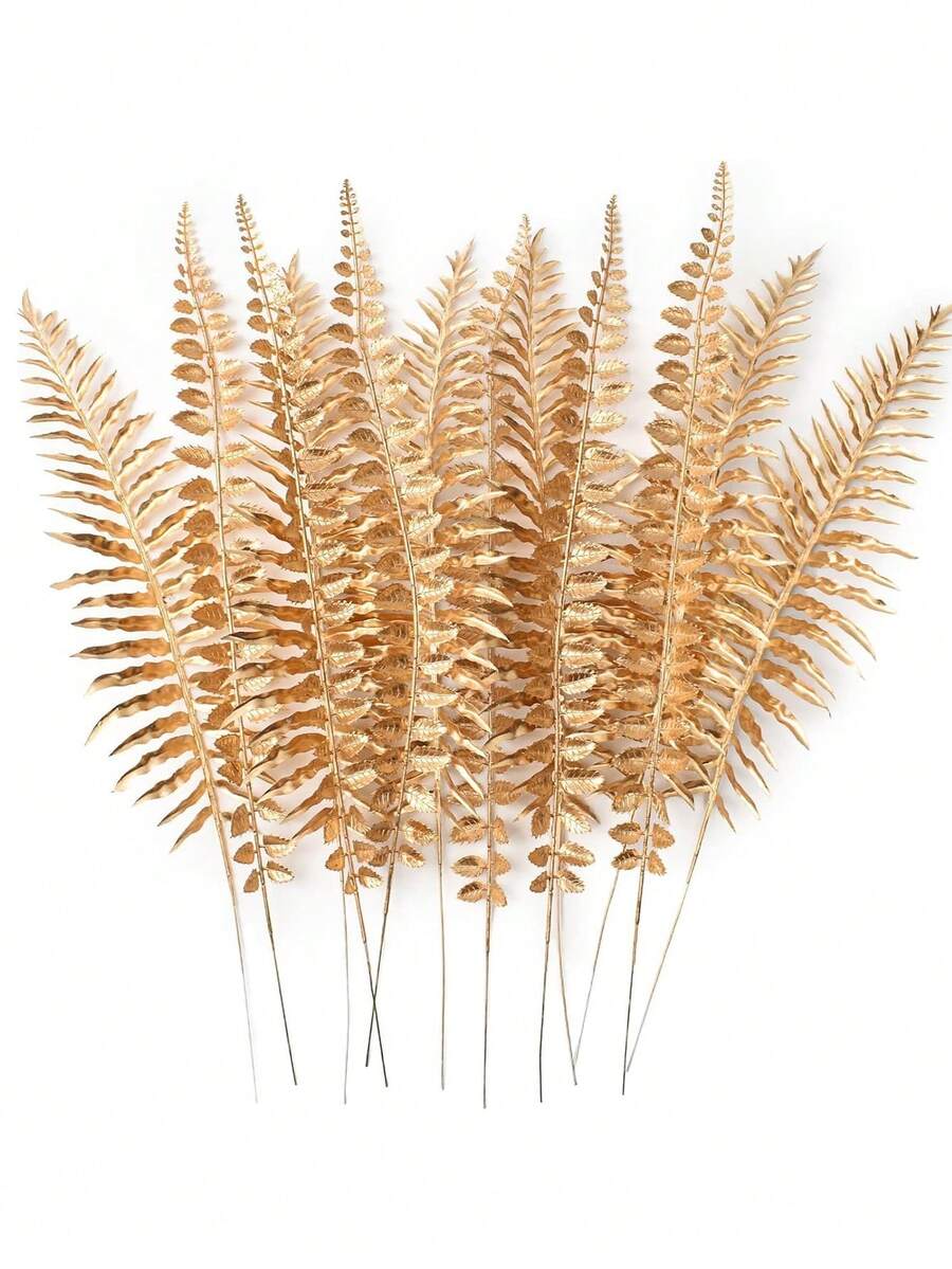 6pcs Gold Glitter Artificial Plants, Realistic Gold Fern Leaves Fake Plants, Suitable For Floral Arrangement, Mother's Day Gift, Mother's Day Decor, Wedding Decor, Home Decor, Room Decor, Wall Decor, Gold Room Decor And Room Accessories. Fake Plants Centerpiece Decor For Dining Table, Wedding Centerpiece - Gold - View 1