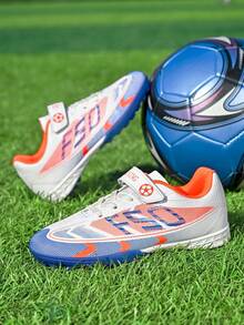 Kids' Football Shoes - Shock-Absorbing & Breathable, Comfortable & Durable, Ready For Match - Hook And Loop Strap, PU Upper, Nylon Lining, EVA Insole, Printed Pattern Design - Blue - View 10