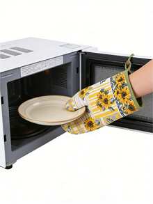 Bộ găng tay và miếng lót nồi hình hoa hướng dương – Găng tay và đế lót nồi chịu nhiệt dùng cho lò vi sóng, lò nướng và làm bánh (1 bộ) - Xem 5