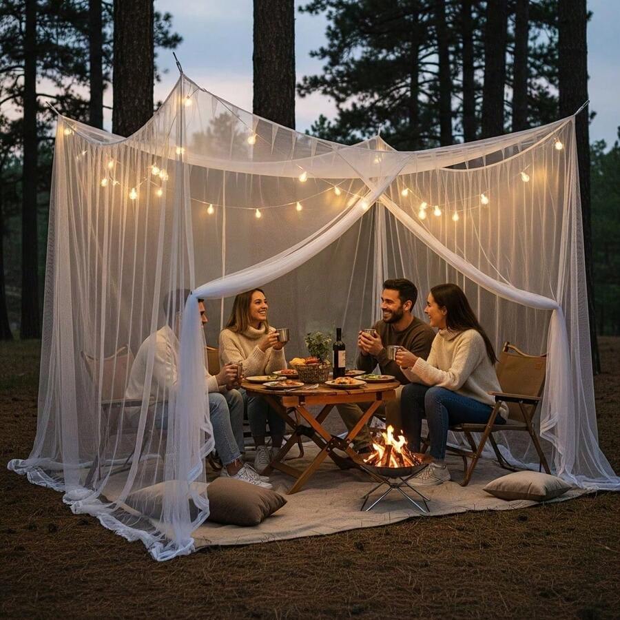 Red de mosquitos de malla de poliéster ligera, dosel semi-transparente, fácil de montar, adecuada para camping, dormitorio - marco blanco, apta para cama y uso al aire libre - A - Ver 1