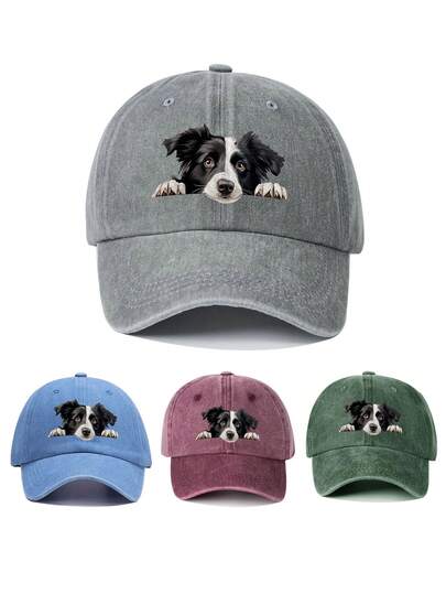 1pc Women's Black & White Puppy Print Baseball Cap, Polyester Adjustable Unisex Snapback Hat, Fashionable Casual Cute Versatile Sun Protection For Travel, Sports, Cycling