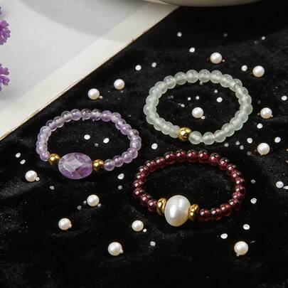 3枚天然紫水晶、石榴石和淡水珍珠戒指，精致饰品，馈赠亲友佳品