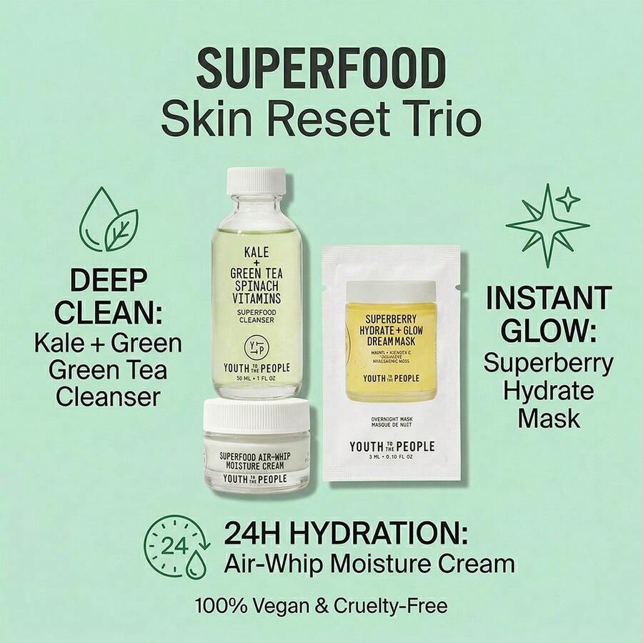 Youth To The People 护肤套装，30毫升超级食物洁面乳，15毫升空气感保湿霜，3毫升超级莓果梦幻面膜 - 3-Piece Set - 查看 1