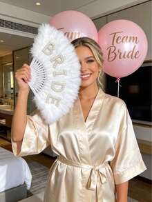 1pc Elegant "BRIDE" Feather Fan, Bridal Feather Fan, Luxurious White Folding Fan, Perfect For Weddings, Bridal Gatherings, Bachelor's Parties, Wedding Photoshoots, And As A Bridal Accessory On The Wedding Day - Multicolor - View 2