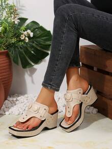 Dép xỏ ngón đế xuồng dệt kim thời trang nữ, sandal đế xuồng đính đá thủ công. - Màu be - Xem 4