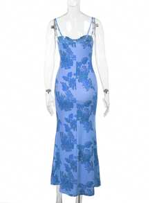 粉色吊带假日印花长款夏季连衣裙 - 藍色 - 查看 2