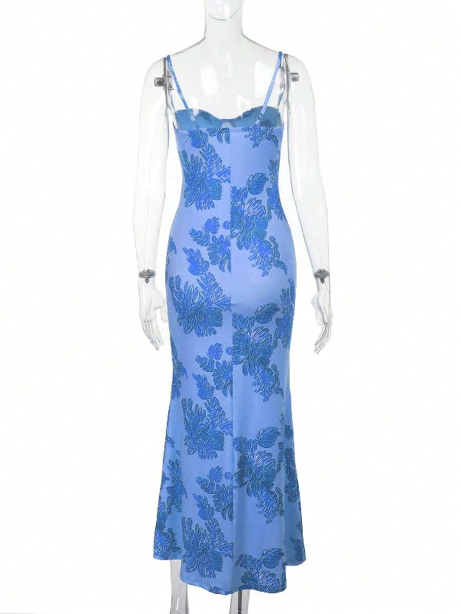 粉色吊带假日印花长款夏季连衣裙