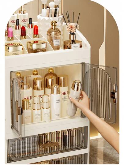 Organizador de maquillaje de escritorio de estilo cajón de lujo de alta gama, gabinete de almacenamiento de tocador a prueba de polvo de gran capacidad y de varias capas, ideal para almacenar artículos de baño, tocador, lápiz labial, cuidado de la piel, brochas de maquillaje, limpiadores, mascarillas faciales, etc.
