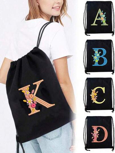 حقيبة سحب خلفية المدرسة حقيبة رياضية حقيبة الظهر الأنيقة للنساء حقيبة تسوق قماشية منظم للسفر والدراجات والتنزه سعة كبيرة حقيبة تسوق بطباعة الحرف الأبجدي من A إلى Z باللون الوردي