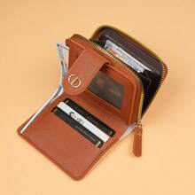 Ví mini nữ kiểu học sinh màu hồng và nâu kẻ caro bằng da PU, khóa kéo hình chữ D, có khe đựng thẻ, quà tặng cho học sinh và sử dụng hàng ngày. - màu nâu - Xem 3