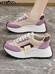 New Women's Contrast Color Thick Sole Casual Shoes, Soft & Shock-Absorbing, Breathable & Skin-Friendly, Height Increasing, Versatile For Commuting, Outing, Dating, Shopping, Daily Wear, Fashionable Shoes For Young Girls, Popular Student Casual Shoes, Non-Slip , Easy To Maintain - Purple - View 4