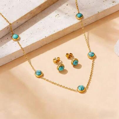 1 Set Stainless Steel Vintage Minimalist Round Turquoise Necklace & Earrings Jewelry Set, Unique Design