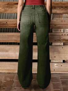 New Women's Multi-Button Washed Fit Straight Leg Casual Jeans , High Quality Denim Trousers Spring - Army Green - View 4