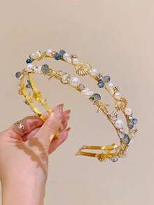 1pc Starfish Headband, Ocean Style Headband, Constellation Seashell Hair Accessory, Handmade Personalized Pearl Crystal Hair Hoop Decoration - Multicolor - View 2