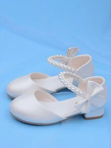 Girls' Princess Shoes White Leather Sandals Spring/Summer New High Heel Shoes With Pearl & Bow, Versatile For Party Dress Matching - White - View 8