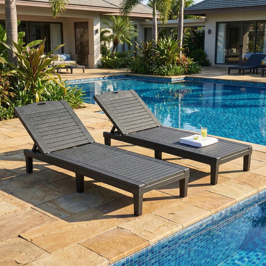2PCS Outdoor PP Recliner Chairs Set, 5 Position Pool Lounge Chairs With Anti-Fading Sturdy Frame, Quick Assembly Folding Patio Furniture For Beach Lawn Black - A - 查看 1