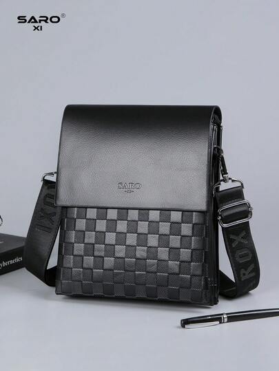 saroxi 1件装时尚新款男士单肩包，轻便多层高品质黑色户外斜挎包，休闲PU皮革简约风格黑/棕色包，送给男士/男友的礼物，时尚纯色旅行配件