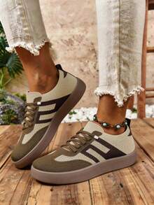 Women's Casual Versatile Striped Accent Sneakers, Women's Fashion Eye-Catching Comfortable Rubber Soft Sole Athletic Shoes, Women's Breathable Lightweight Patchwork Sports Shoes - 卡其色 - 查看 5