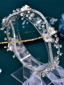 1pc Handmade Bridal Headpiece Alloy Flower Shaped Hair Accessory Rhinestone Cross Headband - Silver - View 6