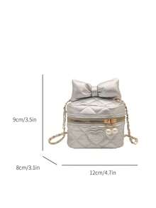 2026 New Bow Embroidered Rhombus Texture Chain Crossbody Square Bag, Fashionable Shoulder Bag For Women - Silver - View 3