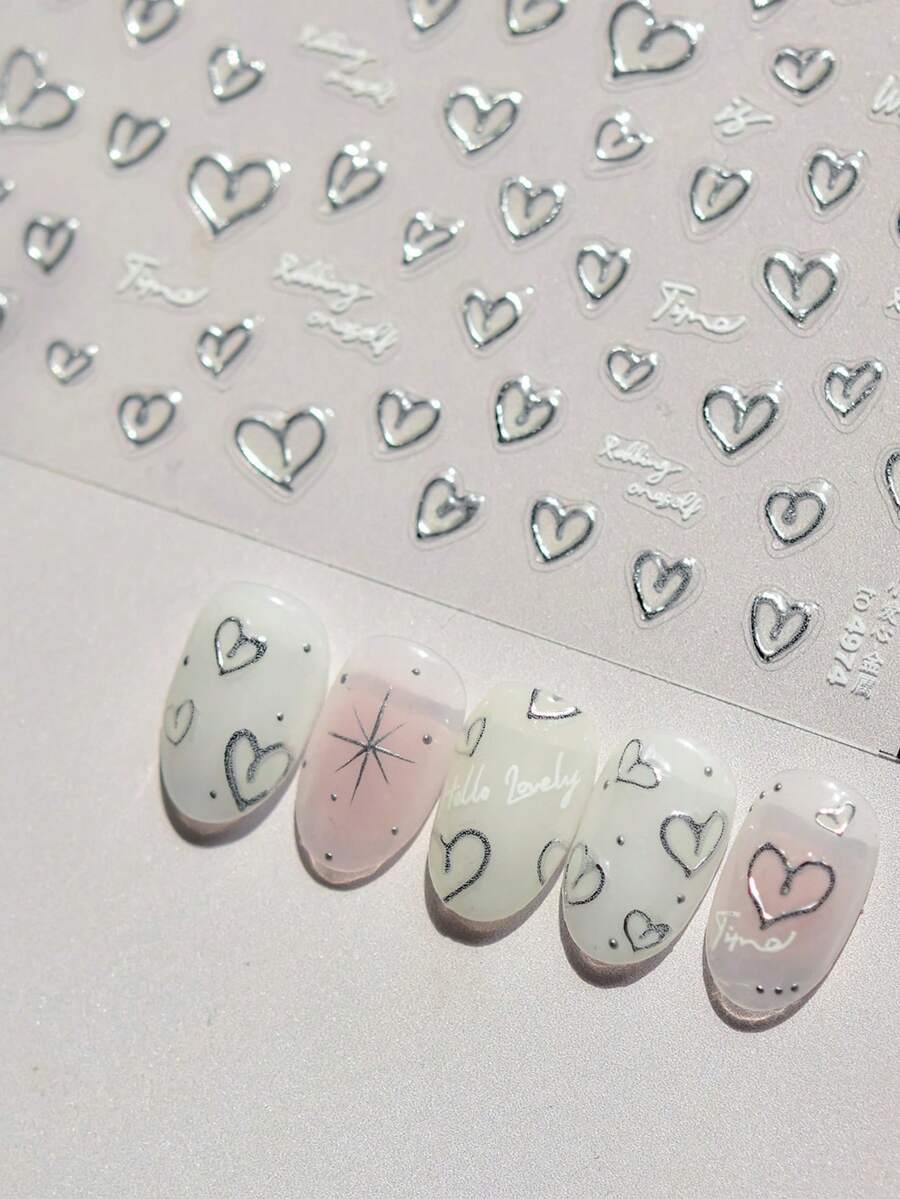 1 Piece Of 5D Heart-Shaped White English Letter Silver Jelly Nail Sticker With Lines, Geometric Patterns, Romantic And Exquisite Nail Stickers - Silver - View 1