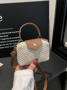 Mini Strohsack, Lippenstifttasche, Münzbeutel, elegante gewebte Handtasche, Urlaubstasche, Mini-Tragetasche, Teigtasche, Hornbeutel mit Klappe und verstellbarem Schultergurt, ideale Geschenktasche für Partys, Galas, formelle Anlässe, geeignet für Kleider, Klassenzimmer, Urlaub, Outdoor-Aktivitäten, Reisen, Sportstätten, besonders für Frauen, Mädchen, Studenten - Beige - Übersicht 5