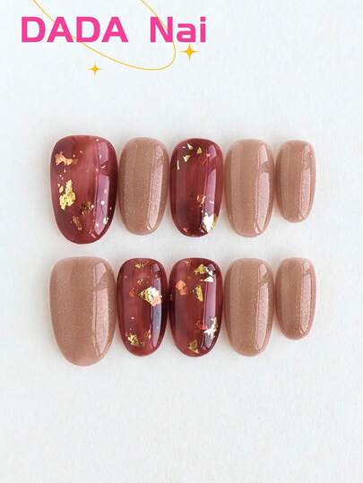 10pcs Medium Oval Handmade Press On Nails, Burgundy Nude Fake Nails, Amber Gradient Nail Art With Gold Foil Decor, Glossy Finish, Reusable Acrylic Nails For Y2K Style And Summer Daily Wear