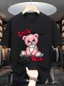 Nuevas camisetas casuales de primavera y verano para hombre, de cuello redondo y a la moda, hechas de tejido de punto de poliéster, ligeramente elásticas, de corte regular, con un diseño de oso rosa y el mensaje "Face Pain with a Smile", adecuadas para uso adulto. - azul real - Ver 7