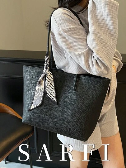 极简风格纯黑荔枝纹布女士手提包，现代通勤风高端极简单肩包，配有优雅丝巾系带装饰，适合购物和旅行，轻便大容量手提包，多功能拉链闭合笔记本电脑包；耐磨耐用的PU材质女士单肩包；适合送礼、购物、约会、通勤上班、拍照和度假旅行。