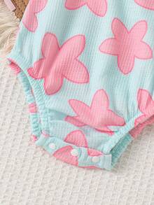 2pcs Baby Girls' Cute Fresh Waffle Texture Star Print Romper + Shorts Set, Lightweight Summer Outfit, Nature Style - Baby Blue - View 6