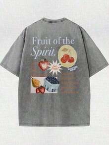 2026 New Arrival Y2K 2000s Retro Washed Casual Street Style Tops Men's Vintage Washed Cotton Oversized T-Shirt - Fruit Of The Spirit & Strawberry Che - 灰色 - 查看 2