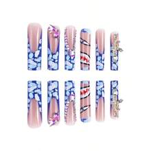 Wearable Shark-Patterned Blue And White Wearable Nail Stickers, 24 Pieces, A Top Choice For Gifts And Parties. - 藏青色 - 查看 3