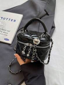 New Fashion Classic Multifunctional Waterproof PU Material, Diamond Quilted Pattern Handbag, Lightweight And Easy To Carry, Zipper Closure Design, Heart-Shaped Zipper Decor Crossbody Round Box Bag, Coin Purse, Suitable For Shopping, Travel, Commuting - màu đen - Xem 1