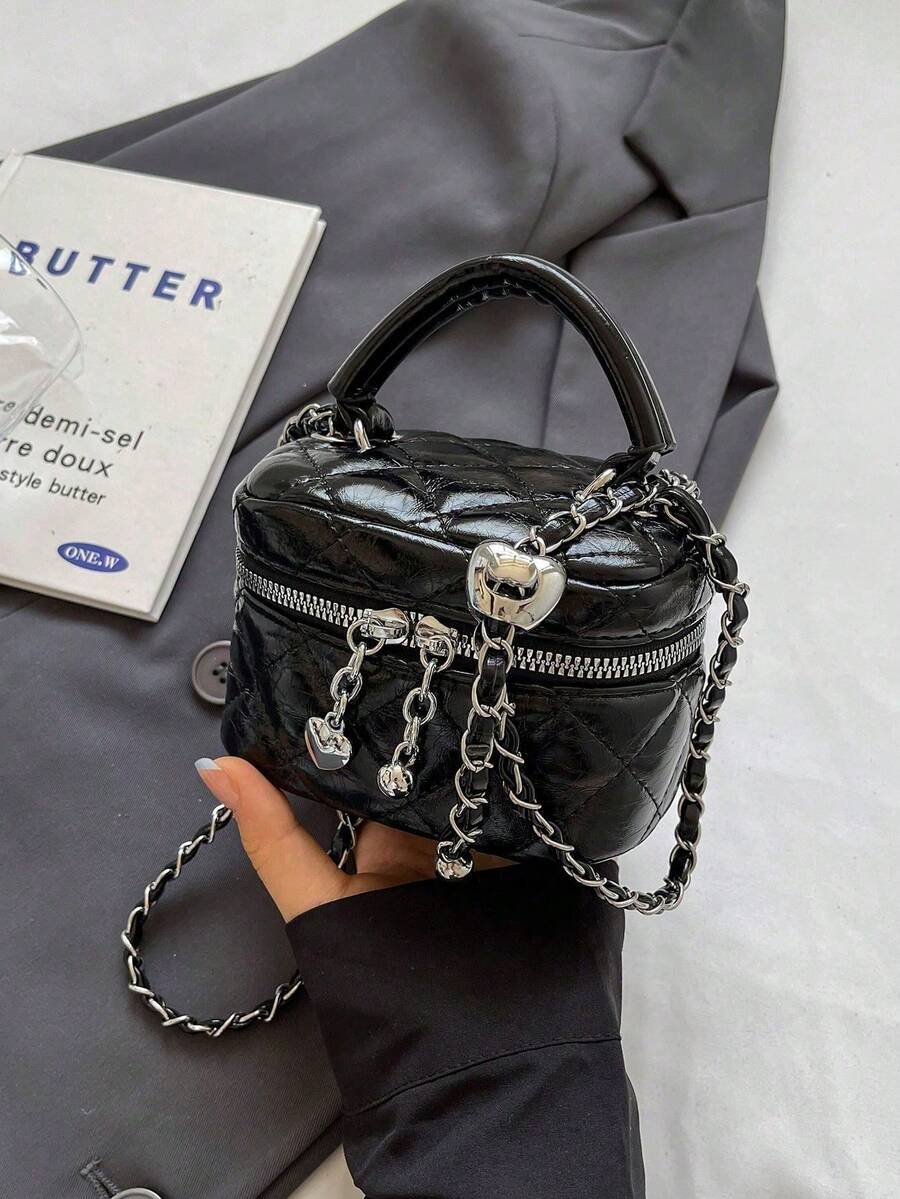 New Fashion Classic Multifunctional Waterproof PU Material, Diamond Quilted Pattern Handbag, Lightweight And Easy To Carry, Zipper Closure Design, Heart-Shaped Zipper Decor Crossbody Round Box Bag, Coin Purse, Suitable For Shopping, Travel, Commuting - màu đen - Xem 1