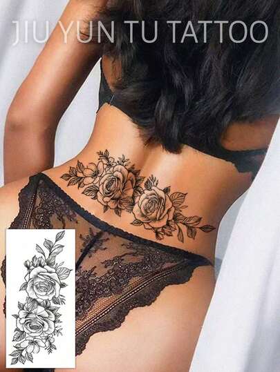 1pc Sexy Sketch Rose Flower Temporary Tattoo Sticker, Waterproof Paper Temporary Tattoo Sticker With Rose Floral Pattern For Women's Chest, Thigh, Arm, Suitable For Men And Women