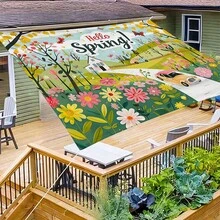 1 pieza Toldo con estampado de primavera "Hola" (Poste no incluido), Escenario vibrante de primavera, Adecuado para playa, camping, jardín, picnic - B - Ver 14