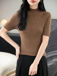 2026春夏女士美利奴羊毛混纺毛衣，休闲百搭，保暖柔软圆领长袖针织套头衫 - 棕色 - 查看 4