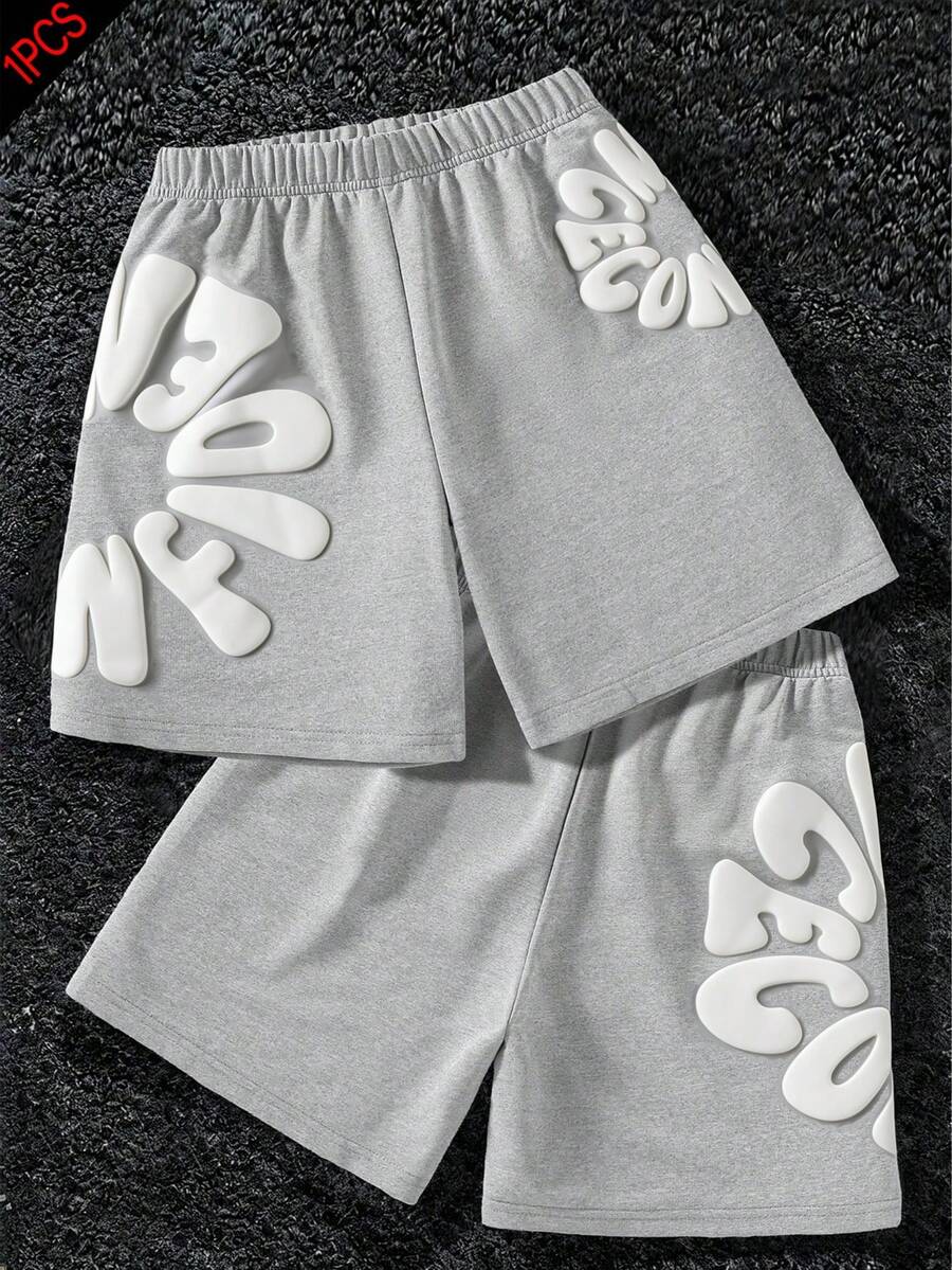 1pc Boys' Casual Outdoor Fashion Versatile Foamed Letter Print Design Loose Breathable Sports Shorts, Spring/Summer - Grey - View 1