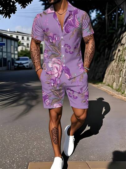 A Set Of Short Sleeve Lapel Shirt & Beach Pants Two-Piece Outfit, Casual Style Woven Fabric, Large Floral Print For Men, Great For Daily, Vacation & Daily Gifting In Summer, Light Purple Background Large Floral Style Men's Two-Piece Set