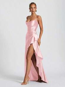 Women's Spaghetti Strap Sexy Criss-Cross Backless Ruffle Hem Slit Dress Wedding Spring Party - Hồng - Xem 4