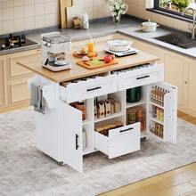 Carrito de cocina de estilo nórdico moderno con ruedas universales de 360°, estante de almacenamiento con cajones y toallero, bandeja plegable y cierre silencioso con resorte, diseño de almacenamiento flexible. - Blanco - Ver 2