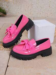 Women's Bow Tie Loafers, Leather Round Toe Slip-On Thick Sole Dress Shoes - Pink - View 1