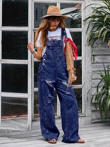 Women's Y2K Fashionable Slim Fit Casual Denim Overalls, Paired With Sexy Backless, Suitable For All Seasons, Suitable For Parties, Birthday Parties, Evening Parties, Dances/Banquets, Fashion Shows, Celebrations, Cocktail Parties, Music Festivals, Concerts - 淺藍色 - 查看 2