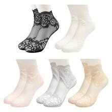 1/5 pares de calcetines invisibles de encaje fino para mujer, de verano, con silicona antideslizante, sin costuras, de corte bajo (sin cartón) - Multicolor - Ver 9