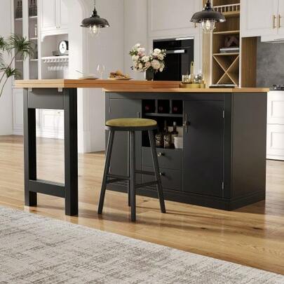 Higher Ausziehbarer Bartisch Mit 360° Drehfunktion Und Stauraum, Längenverstellbar Von 120-180cm, Wohnzimmer, Esszimmer, Homeoffice, Schwarzer Ausziehbarer Design-Stehtisch, Schwarz