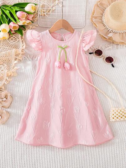 Đầm ngắn tay bồng màu hồng họa tiết hoa tulip 3D chạm khắc tinh tế dành cho bé gái, thích hợp cho các bữa tiệc, kỳ nghỉ, mặc hàng ngày, tiệc trà chiều, dã ngoại, v.v.