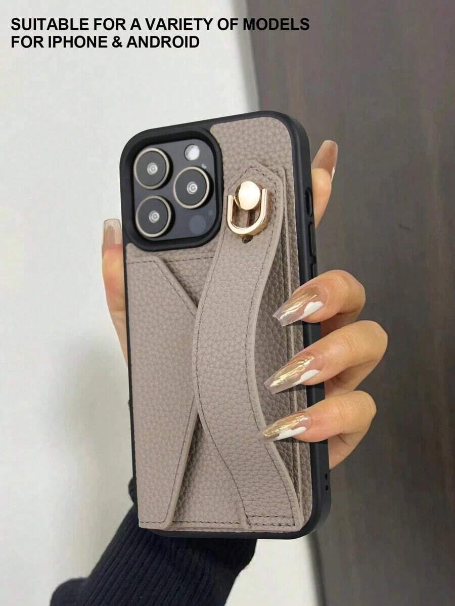 1pc Khaki Card Holder + Leather Phone With Wrist Strap Stand Function, Compatible With 11 12 13 14 15 16e 17 Plus Pro, S20 Ultra/ S21 Plus/ S21 Ultra/S22 Plus/S23 S24 S25 Ultra, 1 V/ 5 V/ 10 V Waterproof Shockproof Anti-Fall Scratch Resistant - Khaki - 查看 1